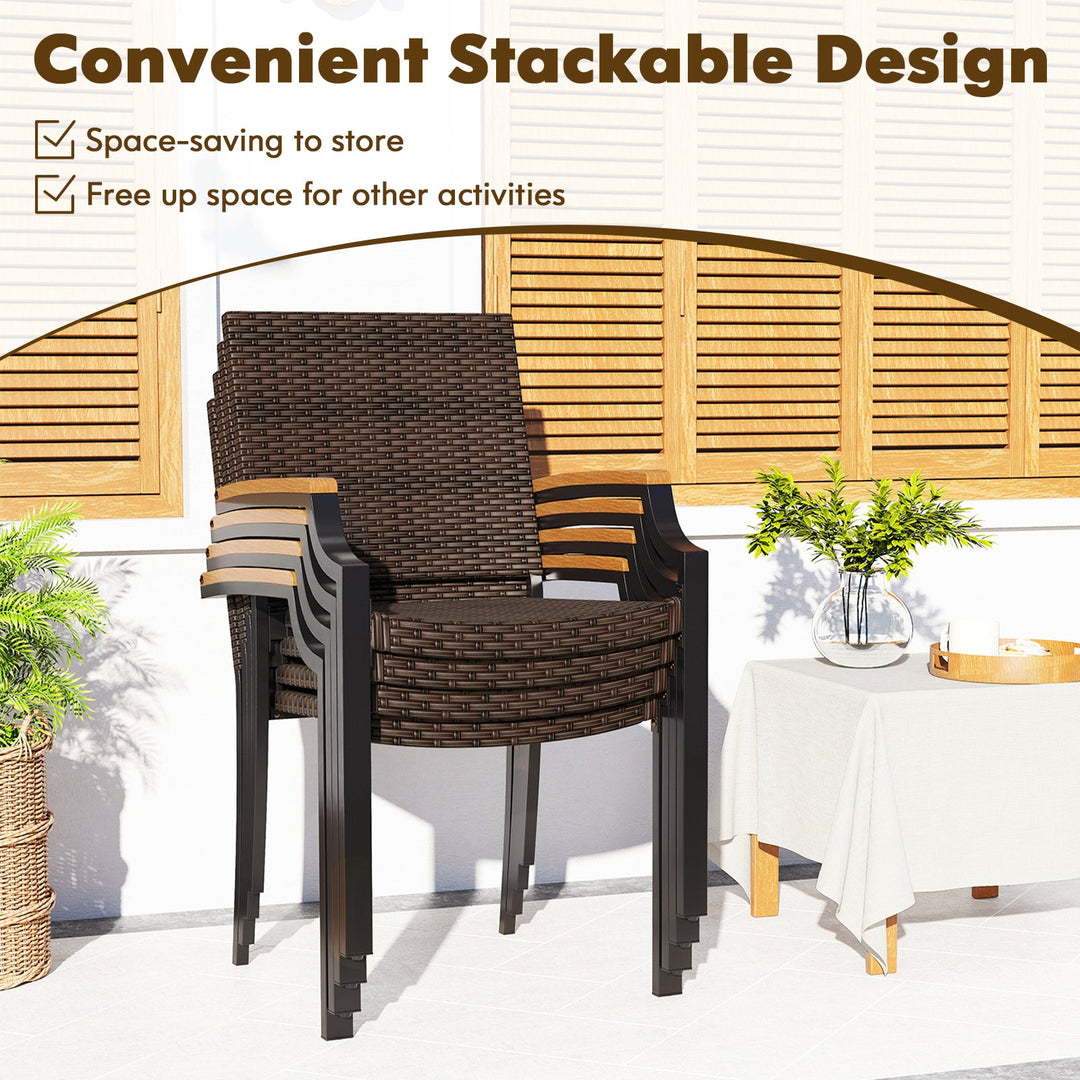 Stacking Wicker Chairs Set of 2 Patio Rattan Dining Chairs with Acacia Wood Armrests