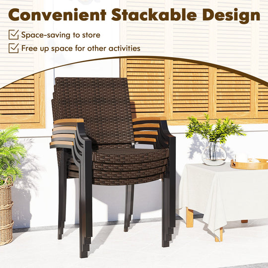 Stacking Wicker Chairs Set of 2 Patio Rattan Dining Chairs with Acacia Wood Armrests