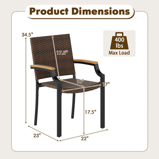 Stacking Wicker Chairs Set of 2 Patio Rattan Dining Chairs with Acacia Wood Armrests