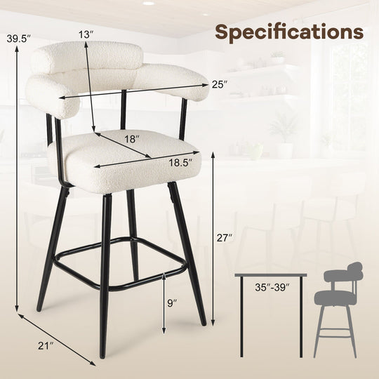Swivel Bar Stool Set of 2 Counter Height Chairs with Curved Back and Arms