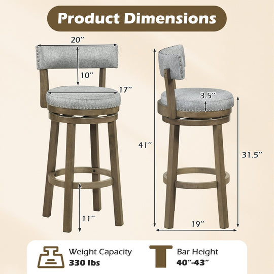 Swivel Bar Stools Set of 2 Linen Fabric Upholstered Barstools with Back-31.5 Inches