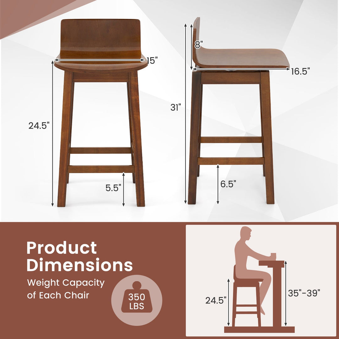 24.5 Inch Swivel Wooden Bar Stools Set of 2 with Rubber Wood Legs and Low Back
