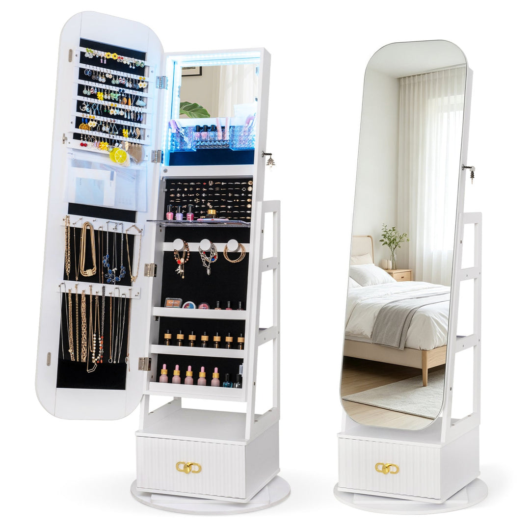 Swivel Jewelry Cabinet with Full-Length Mirror and LED Lights