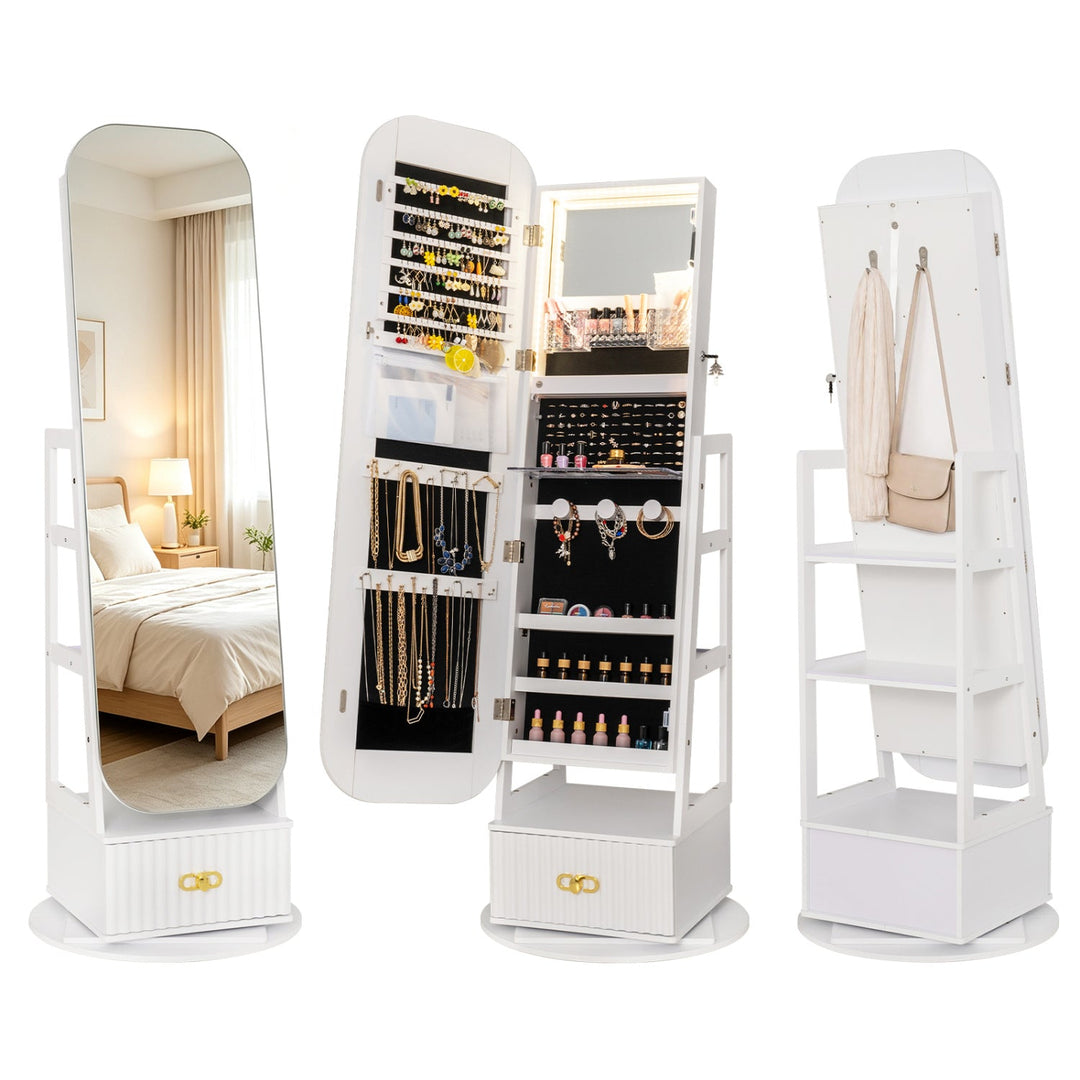 Swivel Jewelry Cabinet with Full-Length Mirror and LED Lights