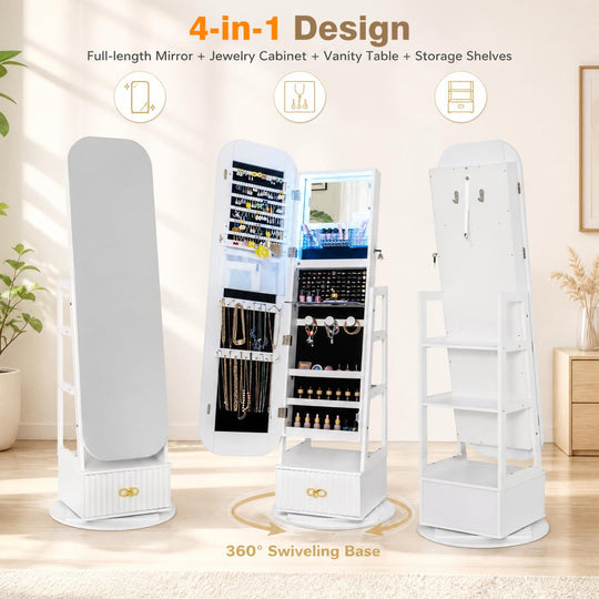 Swivel Jewelry Cabinet with Full-Length Mirror and LED Lights