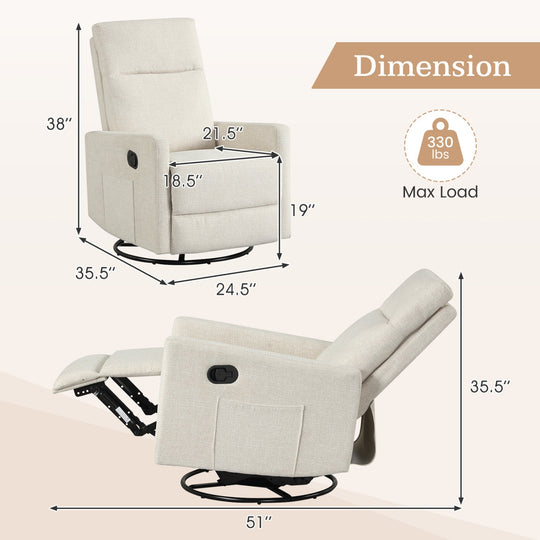Swivel Rocking Chair 360° Nursery Reclining Rocker Armchair with Cushioned Back