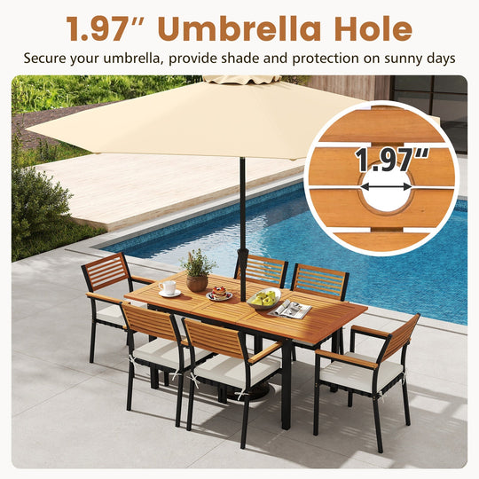 4-8 Person Extendable Solid Wood Dining Table with Umbrella Hole