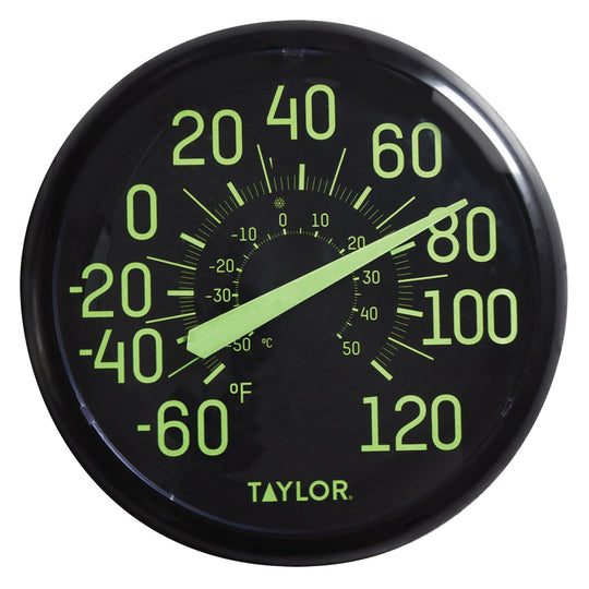 Taylor 13.25-In. Indoor/Outdoor Glow-in-the-Dark Dial Thermometer, Black
