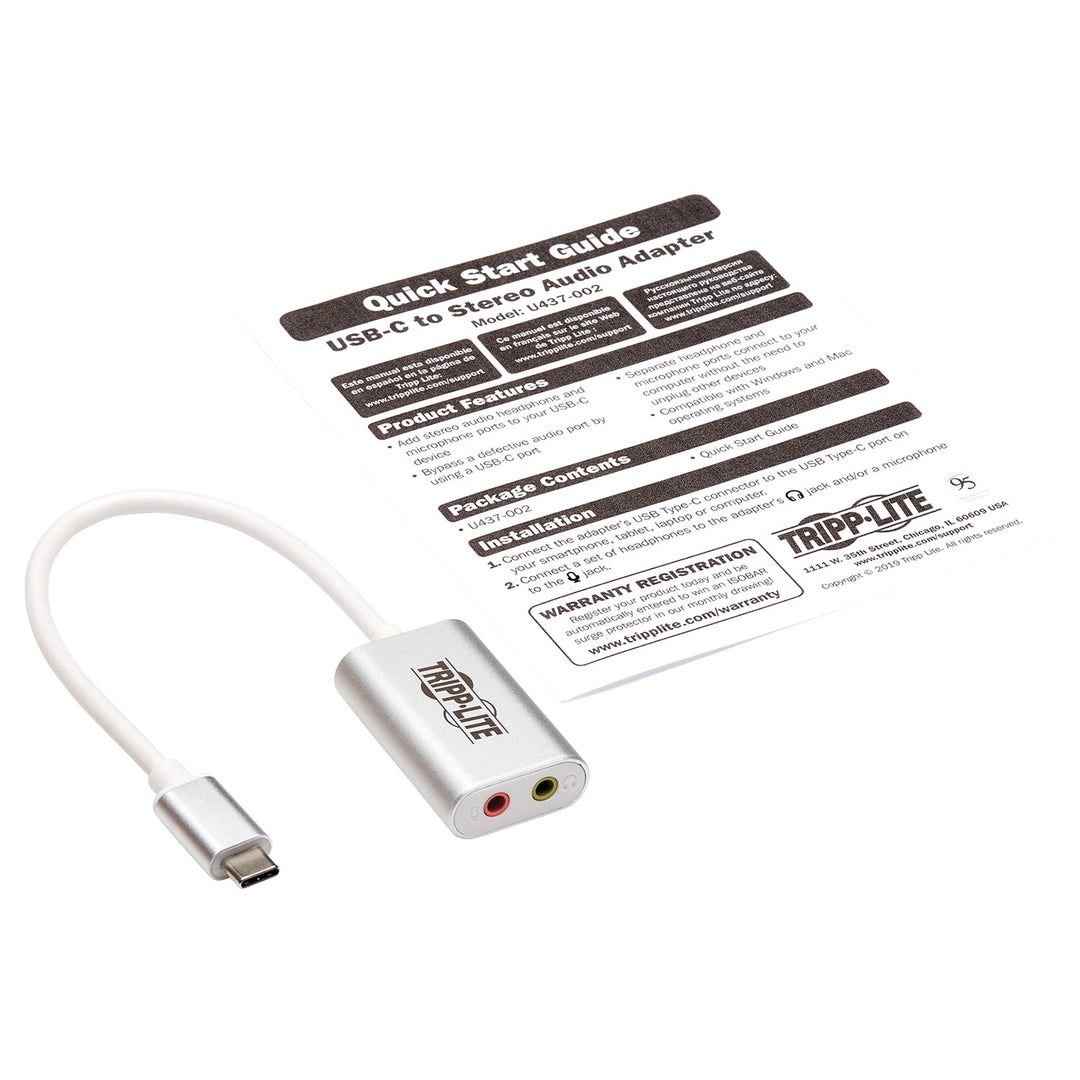 Tripp Lite by Eaton USB-C to Dual 3.5 mm Headphone & Microphone Audio Adapter, Silver - view 6