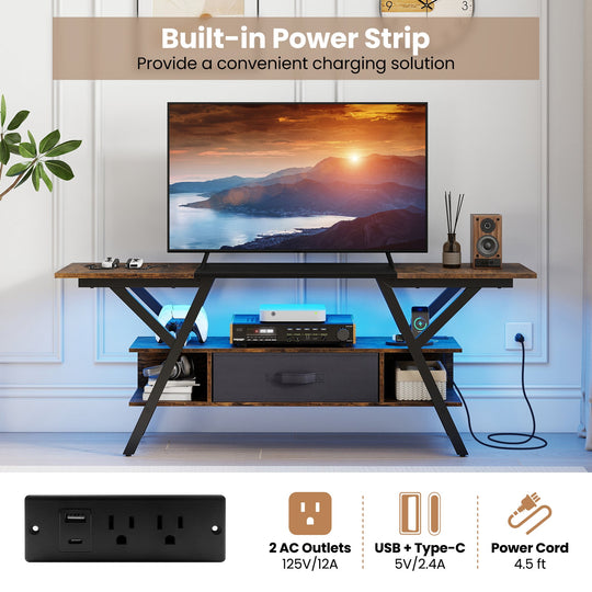 TV Stand for 65 Inch TVs with Power Outlets and LED Lights