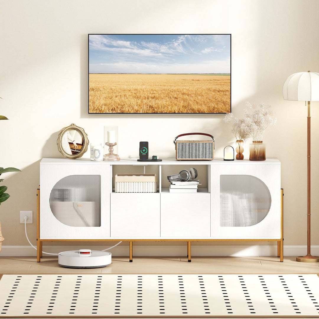 TV Stand for 70 Inch TV with Power Outlets Drawers and Open Shelves-White
