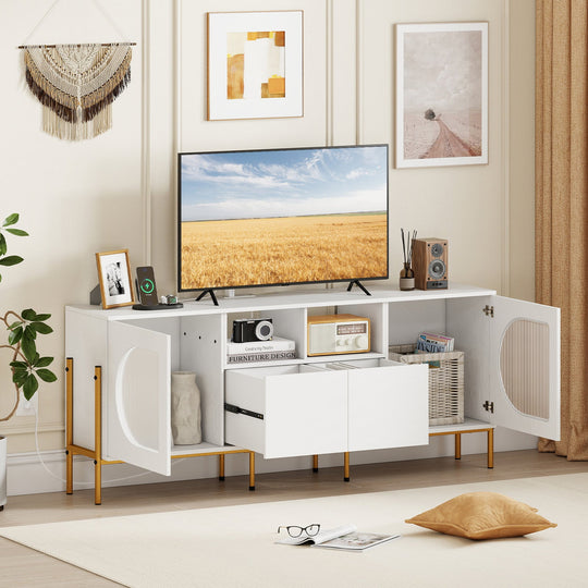 TV Stand for 70 Inch TV with Power Outlets Drawers and Open Shelves-White