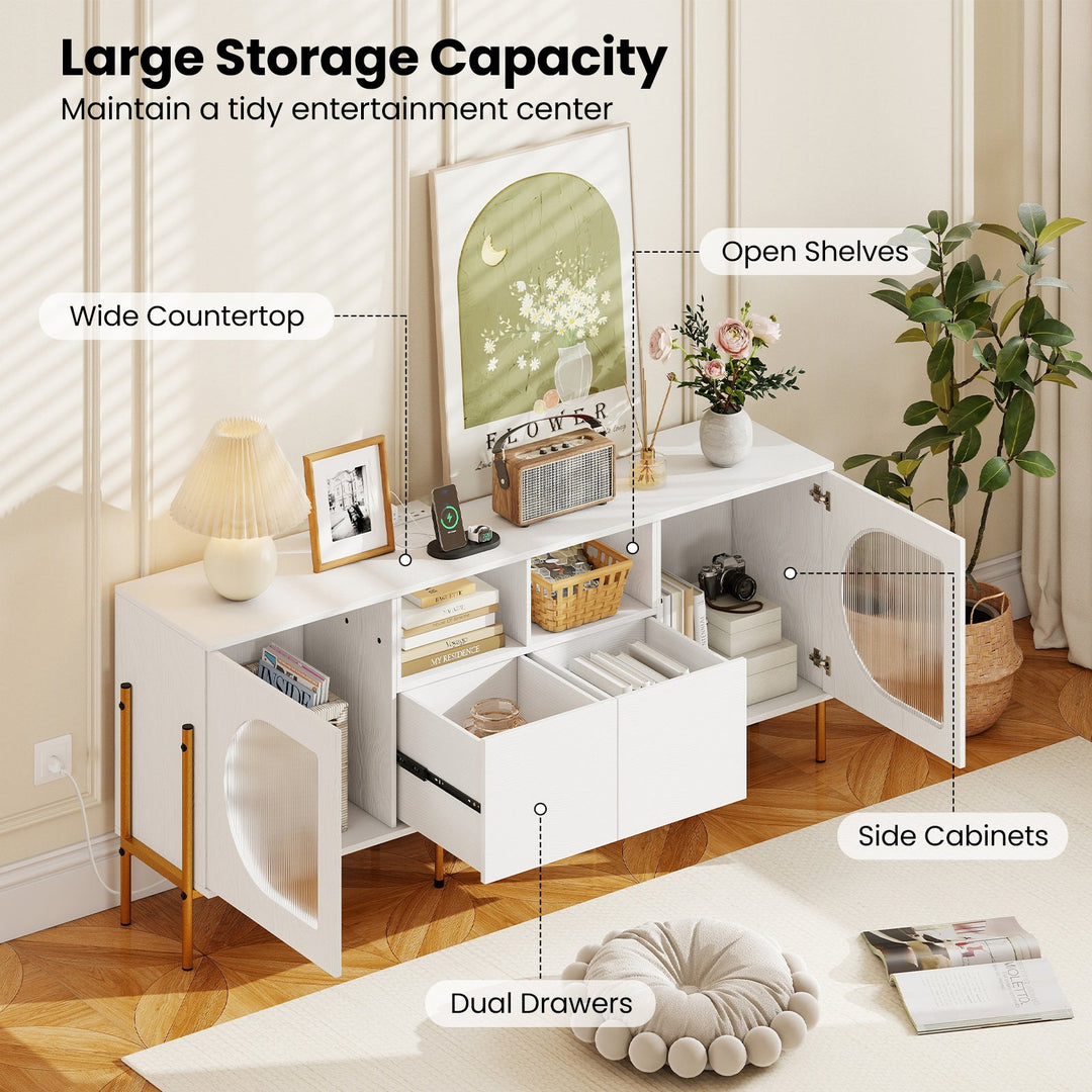 TV Stand for 70 Inch TV with Power Outlets Drawers and Open Shelves-White