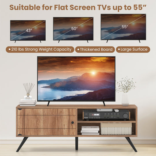 TV Stand for TVs up to 55 Inch Mid Century Modern Entertainment Center with Storage Cabinet-Oak