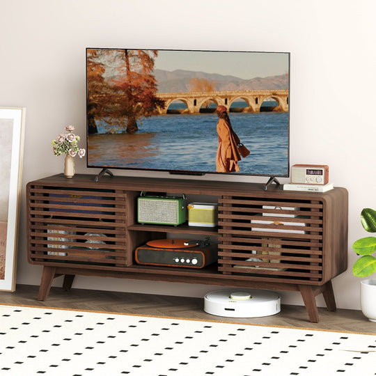TV Stand for TVs up to 65" with Sliding Doors and Adjustable Shelves for Living Room-Walnut