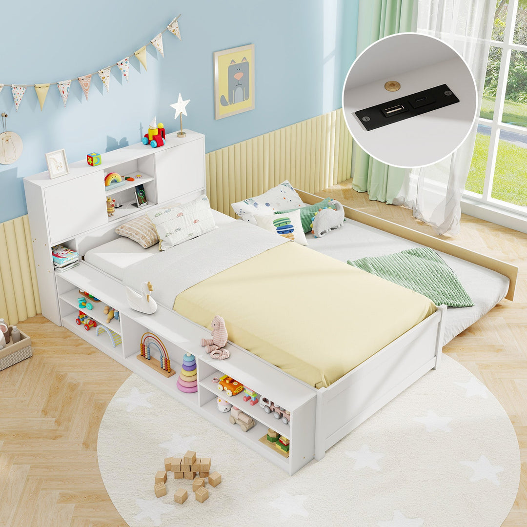 Twin Bed Frame with Trundle and Power Outlets