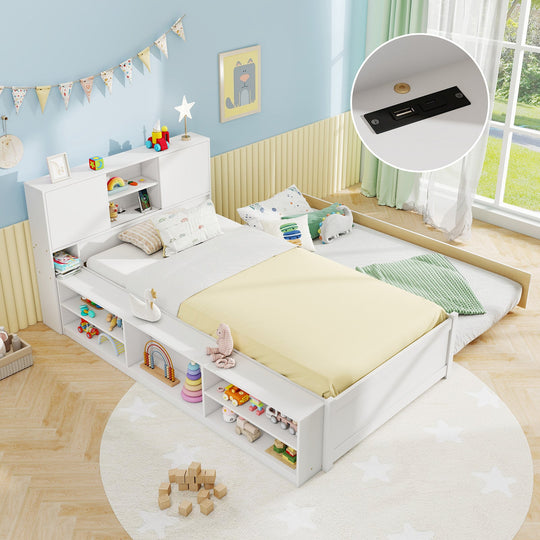 Twin Bed Frame with Trundle and Power Outlets