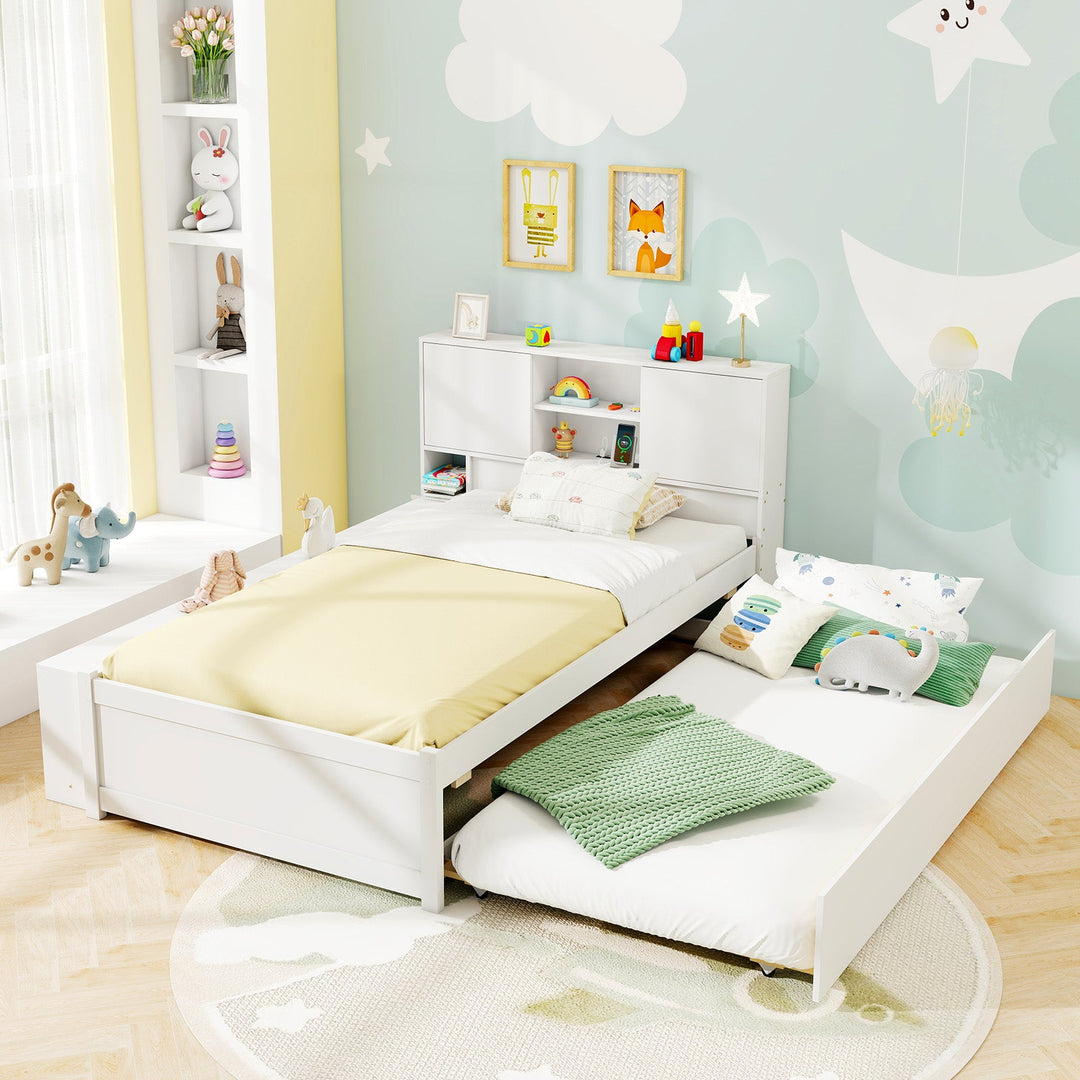 Twin Bed Frame with Trundle and Power Outlets