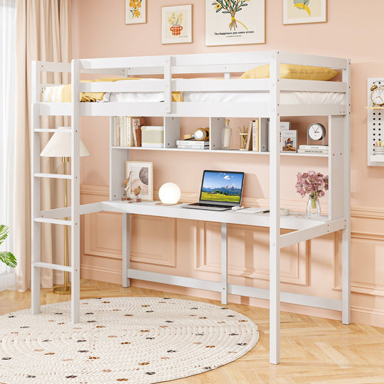 Twin Loft Bed with Desk and Shelves - White