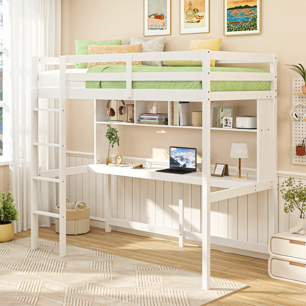 Twin Loft Bed with Desk and Shelves - White