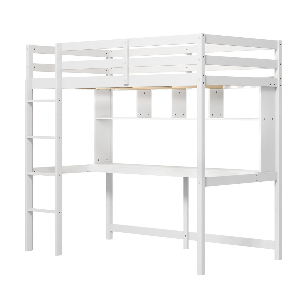Twin Loft Bed with Desk and Shelves - White