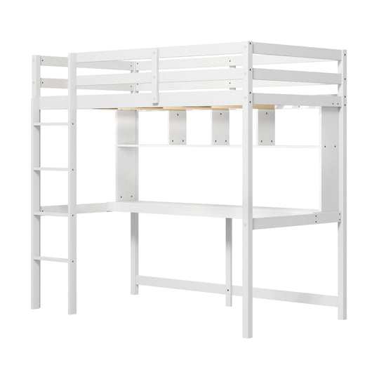 Twin Loft Bed with Desk and Shelves - White