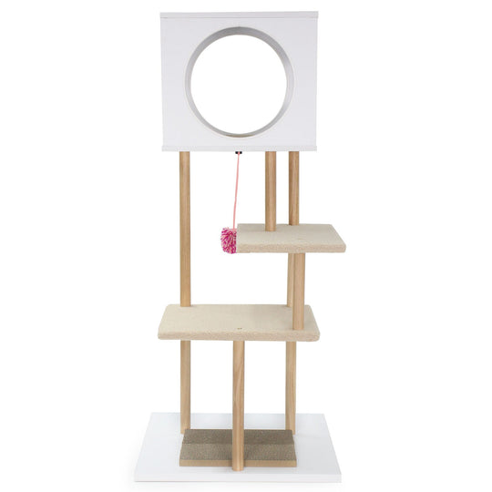 Tall Wood Cat Tower with 2 Corrugated Cardboard-White