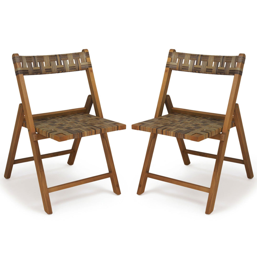Teak Folding Patio Chairs Set of 2 with Woven Rattan