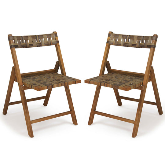 Teak Folding Patio Chairs Set of 2 with Woven Rattan