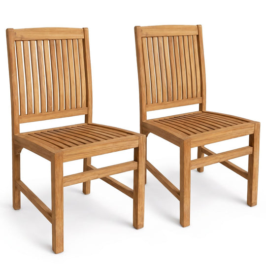 Teak Wood Armless Dining Chairs Set of 2 with Slatted Seat and H-Shaped Footrest