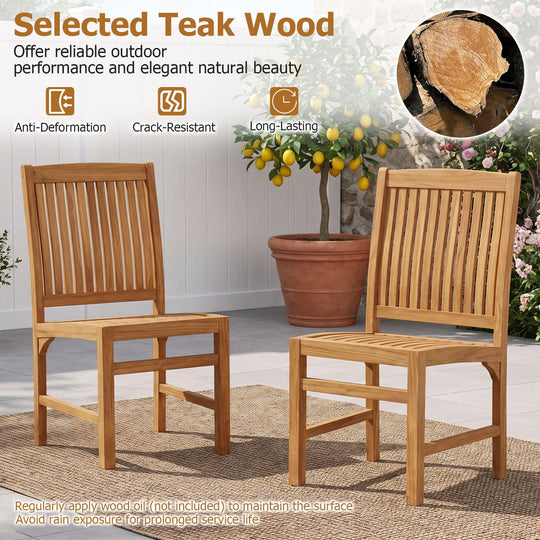 Teak Wood Armless Dining Chairs Set of 2 with Slatted Seat and H-Shaped Footrest