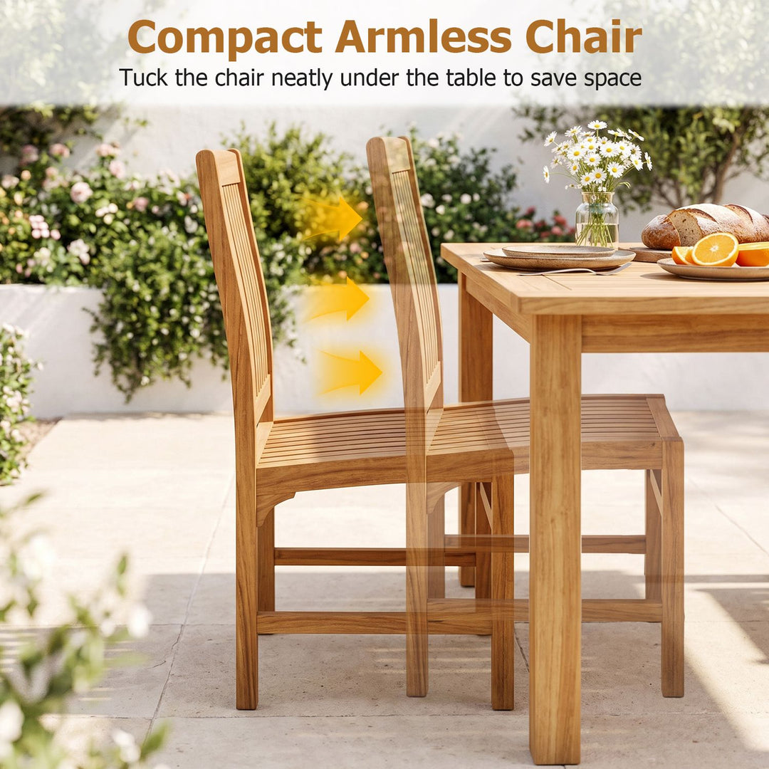 Teak Wood Armless Dining Chairs Set of 2 with Slatted Seat and H-Shaped Footrest