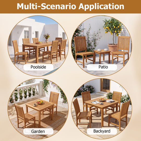 Teak Wood Armless Dining Chairs Set of 2 with Slatted Seat and H-Shaped Footrest