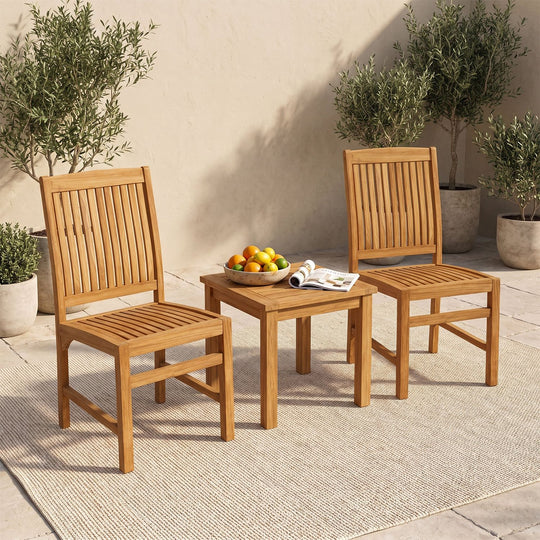 Teak Wood Armless Dining Chairs Set of 2 with Slatted Seat and H-Shaped Footrest