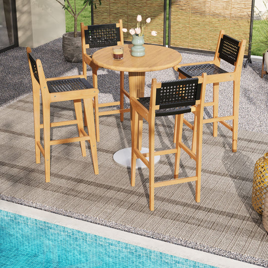 30 Inch Rattan Teak Wood Bar Stool with Backrest and Footrest