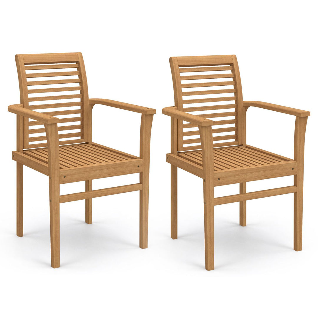 Teak Wood Dining Chairs Set of 2 with Inclined Backrest and Slatted Seat for Backyard