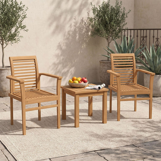 Teak Wood Dining Chairs Set of 2 with Inclined Backrest and Slatted Seat for Backyard