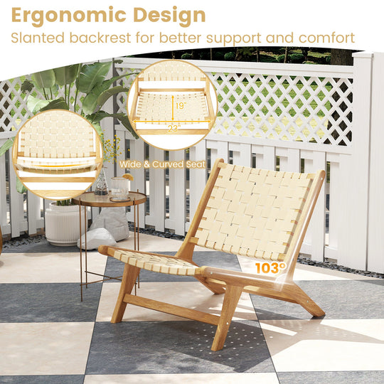 Teak Wood Patio Chair Armless with Webbing Seat and Backrest-Natural
