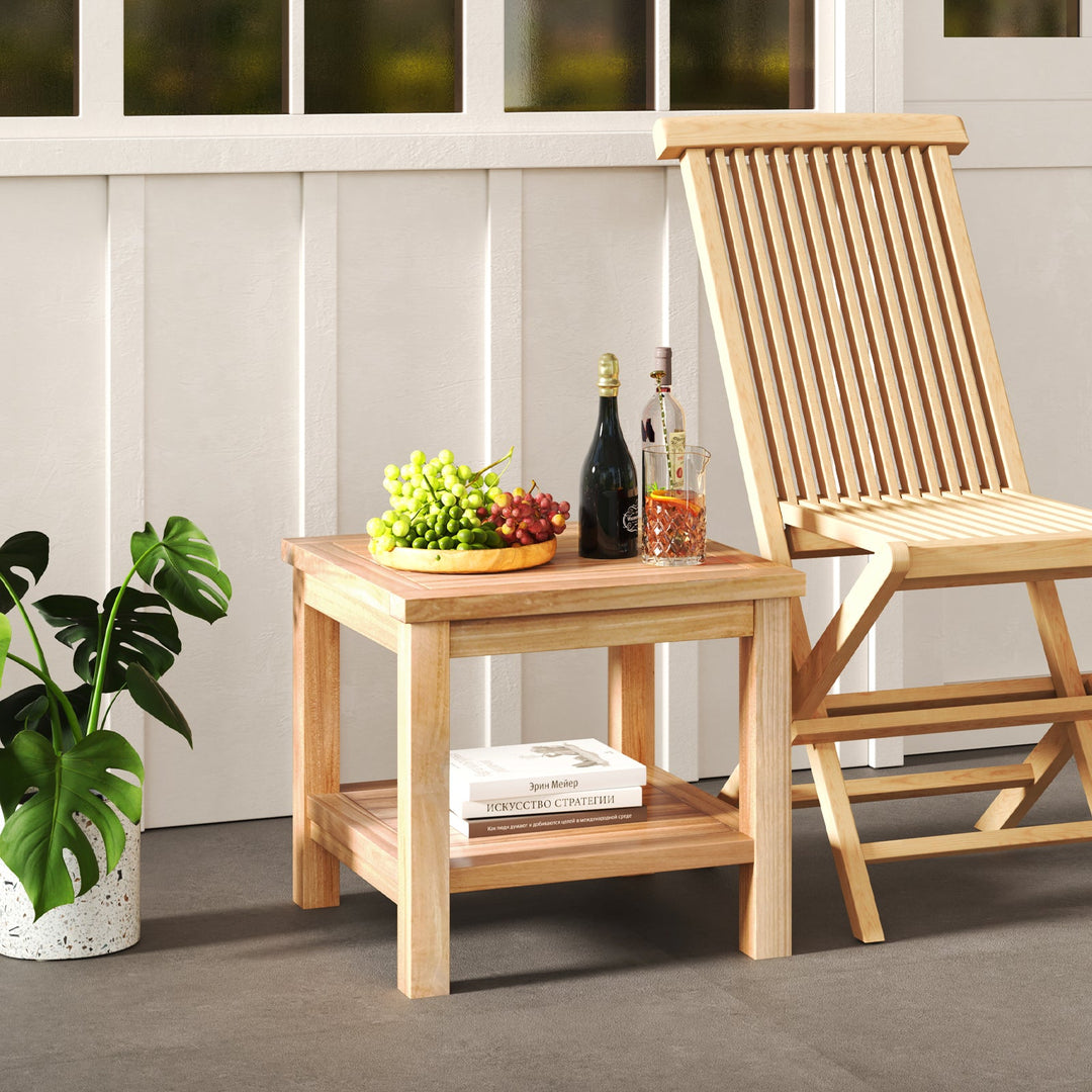 Teak Wood Square Side Table with Open Shelf for Small Space