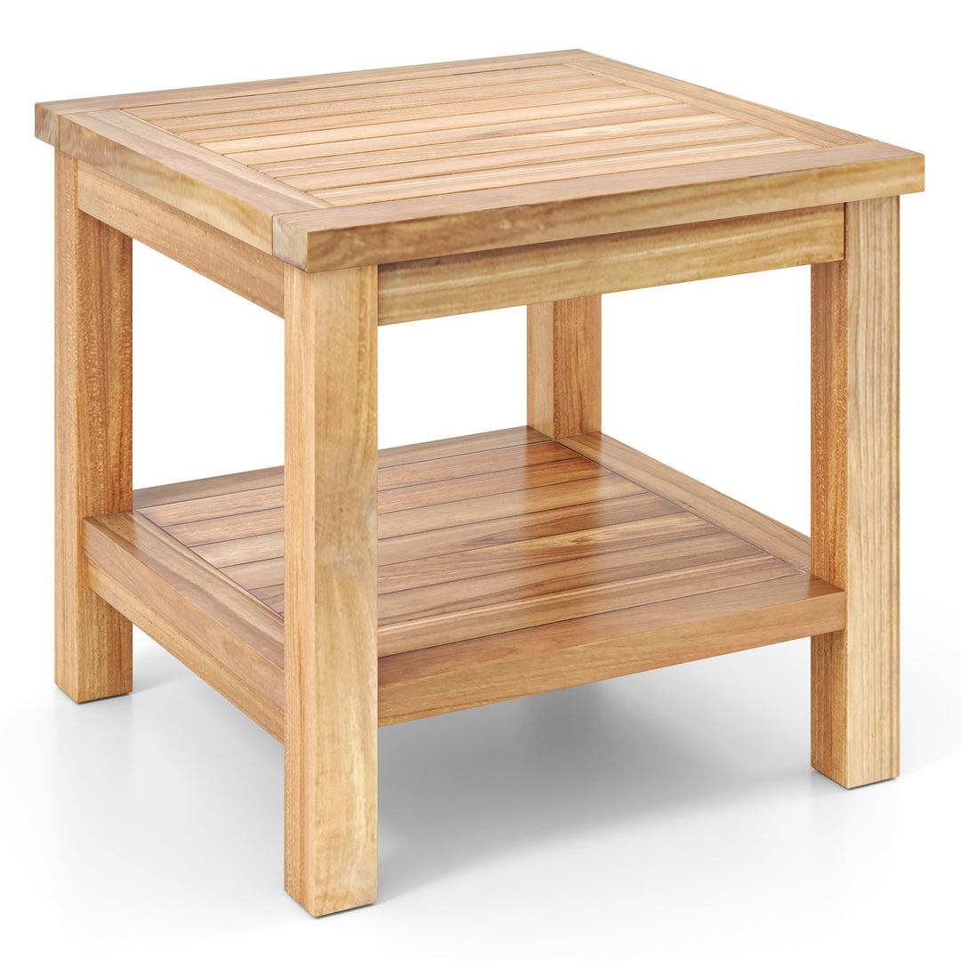 Teak Wood Square Side Table with Open Shelf for Small Space