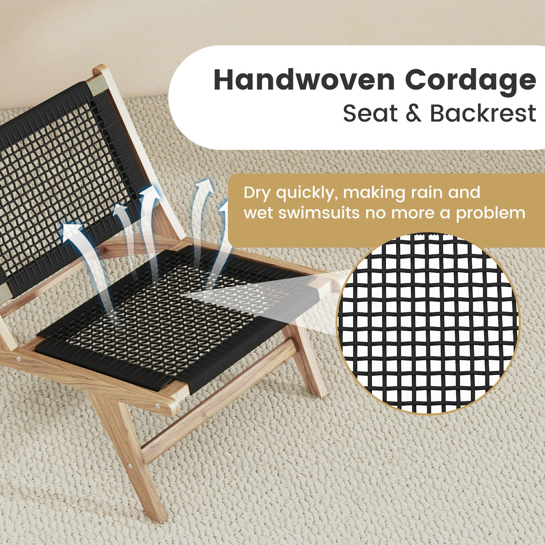 Indoor Outdoor Teak Wooden Chair with Handwoven Cordage Seat and Backrest
