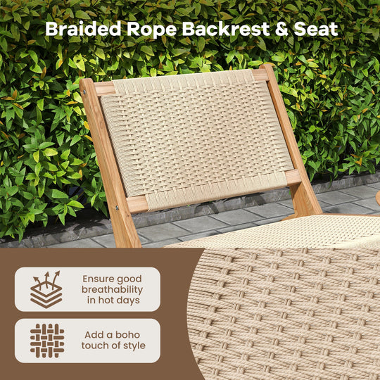 Teak Wooden Chair with Braided Rope Seat and Backrest for Backyard
