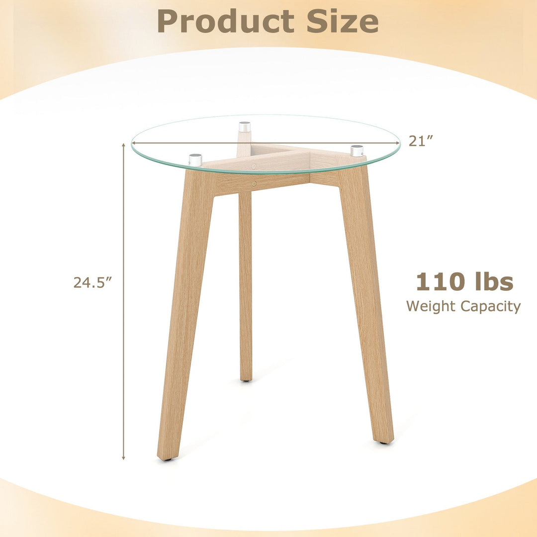 Tempered Glass End Table Round with Solid Rubber Wood Structure