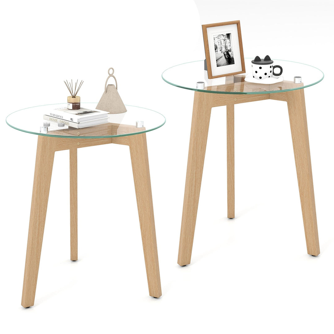 Tempered Glass End Table Round with Solid Rubber Wood Structure