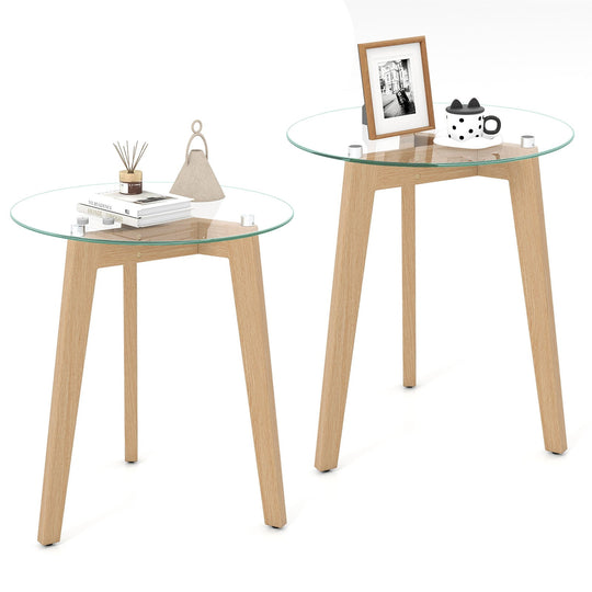 Tempered Glass End Table Round with Solid Rubber Wood Structure