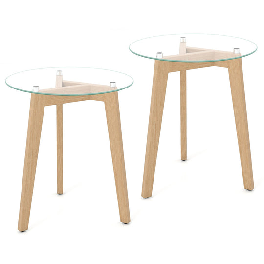 Tempered Glass End Table Round with Solid Rubber Wood Structure