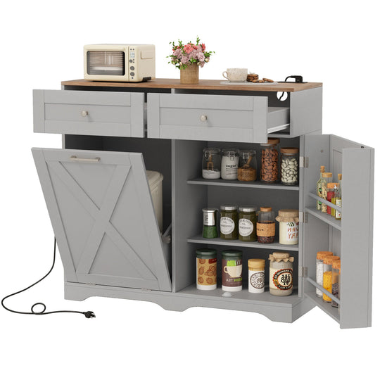Tilt Out Trash Can Cabinet with Outlets and Adjustable Shelf
