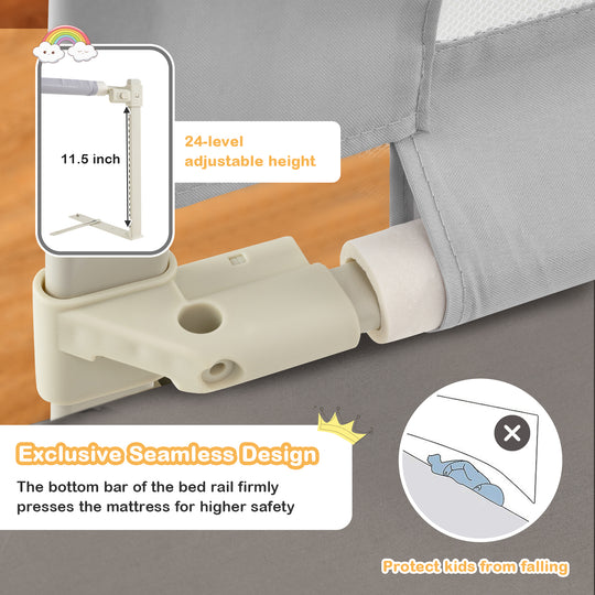 Toddler Bedrail with Side Pocket and 24 Adjustable Heights-Gray