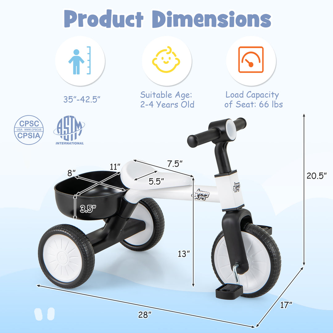 Toddler Convertible Trike with 86° Limited Steering Angle and Carbon Steel Frame-White