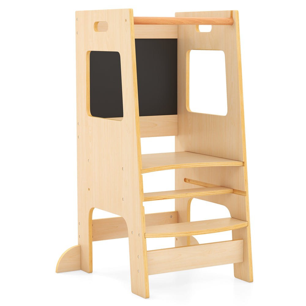 Toddler Kitchen Step Stool with Activity Chalkboard and Adjustable Height-Natural